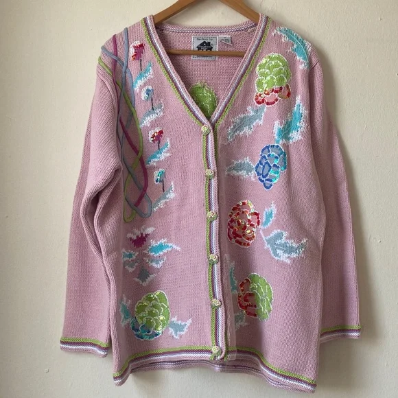Handknits by Storybook Knits Sequin Peonies Embroidered Cardigan Cottagecore 1X - Picture 1 of 16